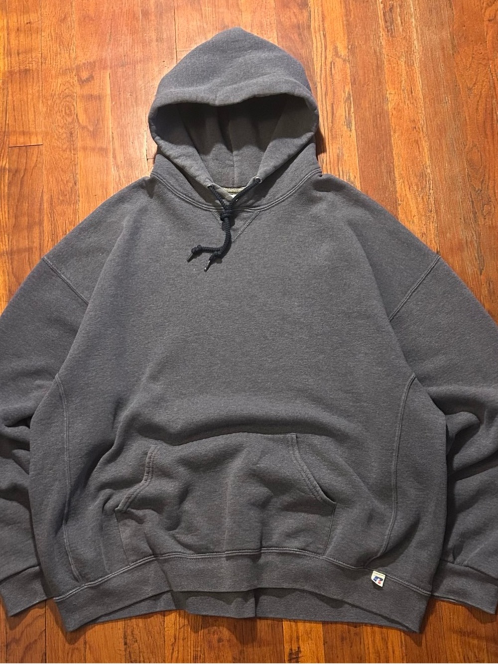 Vintage Russell Athletic Cropped Faded Charcoal Gray Cotton Hoodie Sweatshirt XL